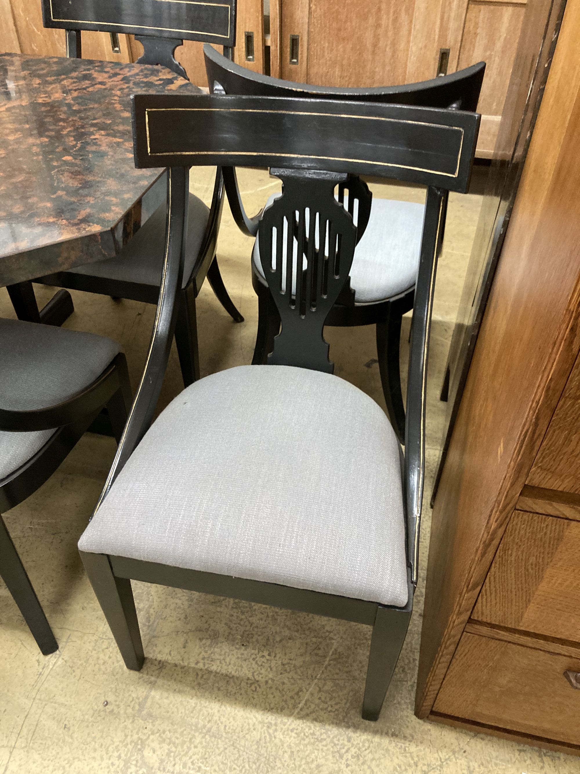An Art Deco bakelite dining table, length 118cm, depth 96cm, height 73cm and six chairs